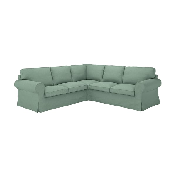 Green EKTORP sectional sofa, l-shaped, comfy cushions, removable cover.