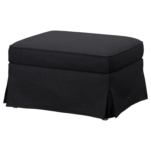 Black square ottoman, EKTORP, cloth cover, smooth top, rounded edges, sturdy base.