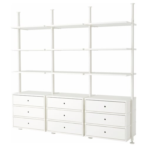 A white ELVARLI storage system with multiple shelves and drawers, ideal for various storage needs.