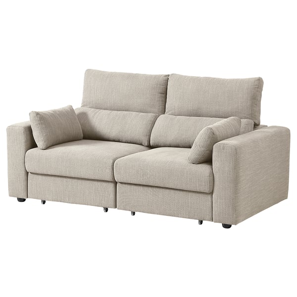 ESKILSTUNA sofa, beige, high-back, adjustable headrests, polyester blend fabric, rectangular shape.