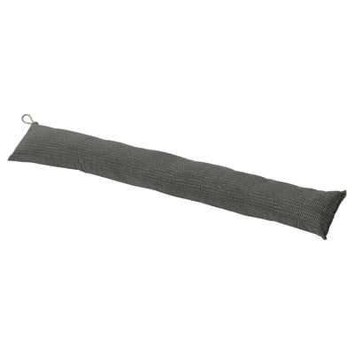 Long dark grey rectangular pillow with loop, textured fabric.