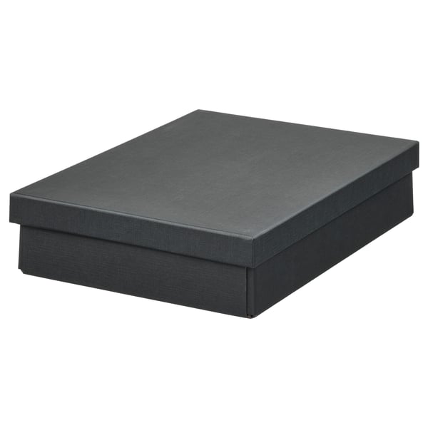A FJÄDERHARV storage box in grey, made of recycled paper, rectangular with a lid.