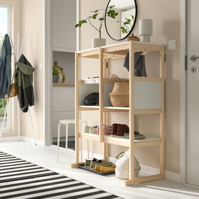 Modern FLISAT storage unit with shelves, rod, and tray, perfect for entryway organisation.