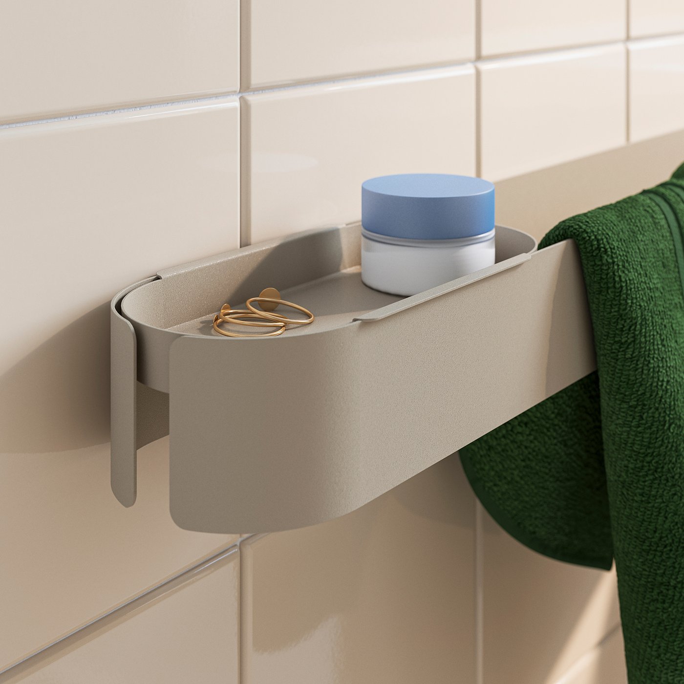 Modern light grey bathroom shelf with jewellery and cream jars.