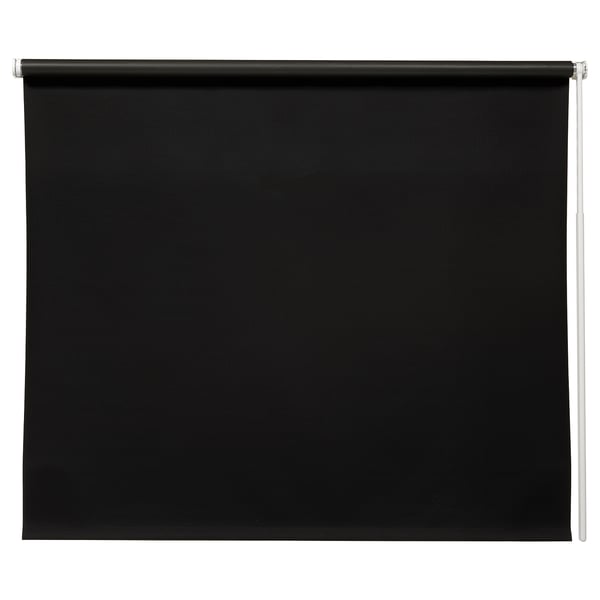 Black FRIDANS roller blind, cordless, made from recycled polyester, blocks out light.