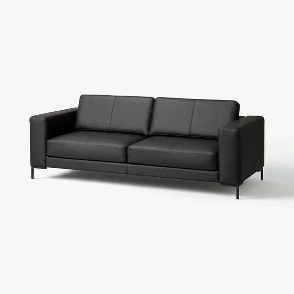 Black leather sofa, sleek design with metal legs, three cushions.