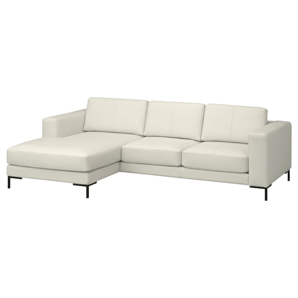 FULLERÖ white leather l-shaped sofa, modern design, with metal legs.