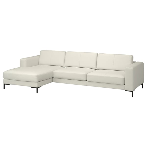 Elegant, white leather l-shaped sofa, modern design, with metal legs.