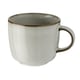 Sandy-glazed, white mug with handle; stoneware material; classic, round shape.