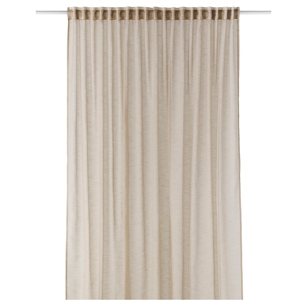 HÄLLEBRÄCKA sheer beige curtain, made of 100% recycled polyester, a rod pocket for easy hanging, diffusing daylight and providing privacy.
