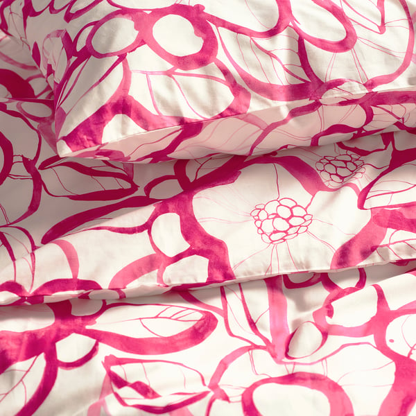 HÄRLIR Duvet cover and pillowcase, white bright pink/floral pattern, 150x200/50x60 cm