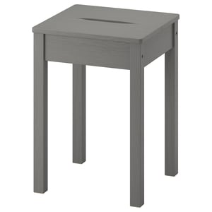 HAUGA grey pine stool, rectangular seat, cut-out handle, stackable.