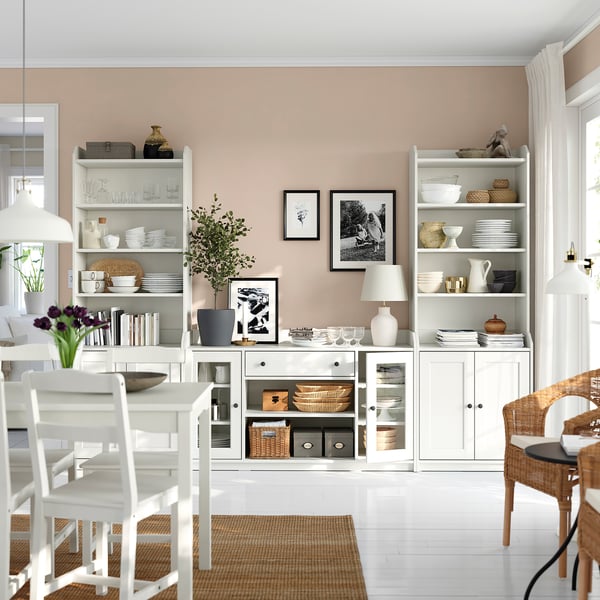 HAUGA storage units in dining room hold dishes and decor