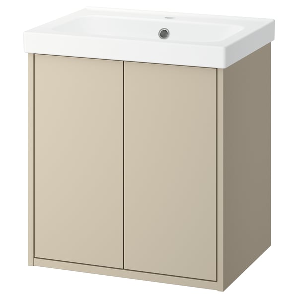 HAVBÄCK bathroom cabinet, beige with white sink, modern design.