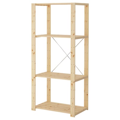 HEJNE: wooden shelf, light natural color, rectangular shape, simple design, sturdy shelves, and metal cross-bracing.