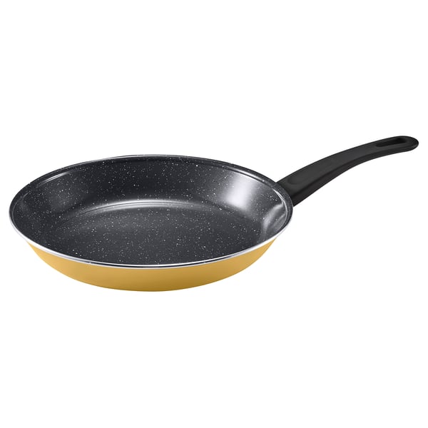 A yellow HEMLAGAD frying pan with a black handle, featuring a non-stick ceramic coating, perfect for even heat distribution and easy cooking.
