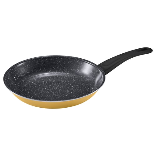 HEMLAGAD frying pan, yellow with black handle, non-stick ceramic coating, round shape, suitable for all hobs.