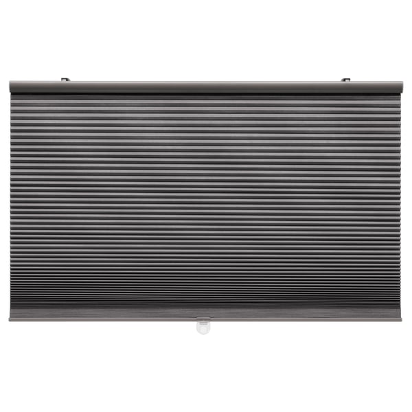 A HOPPVALS black room-darkening cellular blind, featuring a sleek, rectangular design with horizontal slats, mounted against a white background.