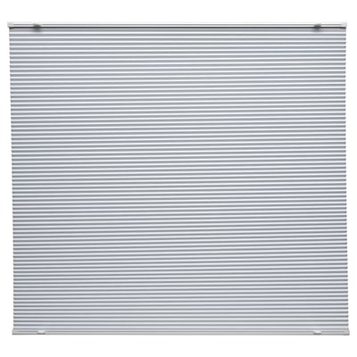 Grey pleated window blind, HORNVALLMO model, with top and bottom rails, cordless design for safety.