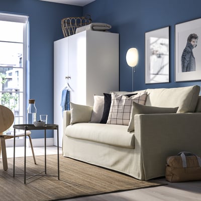 Modern living room with HYLTARP sofa-bed, blue walls, sleek furniture, dog pictures, and natural light.