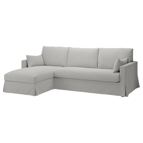 HYLTARP, sleek light grey sectional sofa with storage chaise, modern minimalist design.