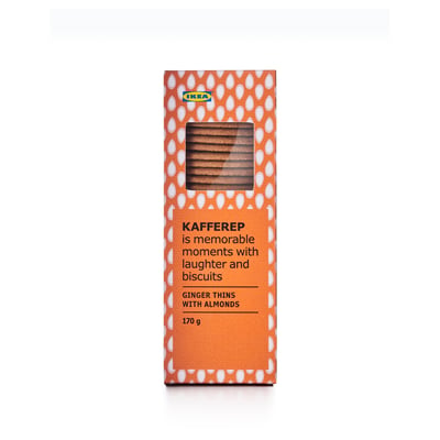 Orange box of ikea KAFFEREP ginger thins with almonds, 170g. Bright design with white teardrop patterns surrounding clear window showing cookies.
