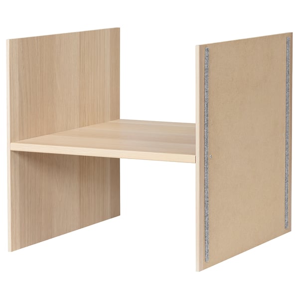 KALLAX shelf unit. Wooden, light oak colour. Vertical divider or extra shelf. Simple, rectangular design.