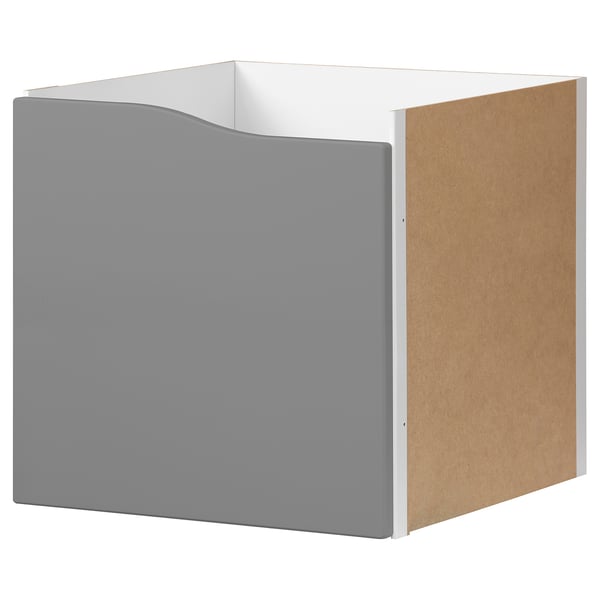A KALLAX grey cardboard box with a white border and a cut-out handle.