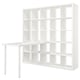 White KALLAX shelf & desk combo: 16 cube storage, adjustable table top, modern minimalist design.