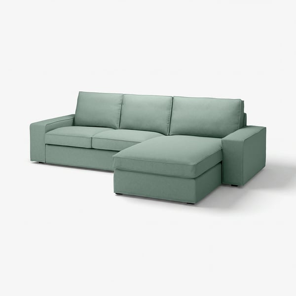 KIVIK seafoam sofa: modern, curved design, plush upholstery, sleek low arms, via 3d render.