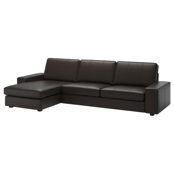 This image a black KIVIK sectional sofa with a chaise lounge, showcasing sleek leather upholstery, deep cushions, and a modern design.
