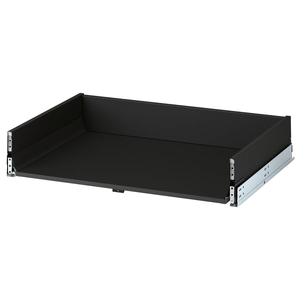 Black KNIVSHULT drawer, modern design, durable steel & particleboard, sleek finish, self-closing, smooth edges.
