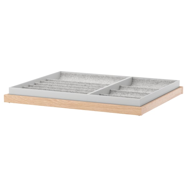 KOMPLEMENT pull-out tray with felt insert for organising accessories. Wooden base, grey felt, rectangular shape.