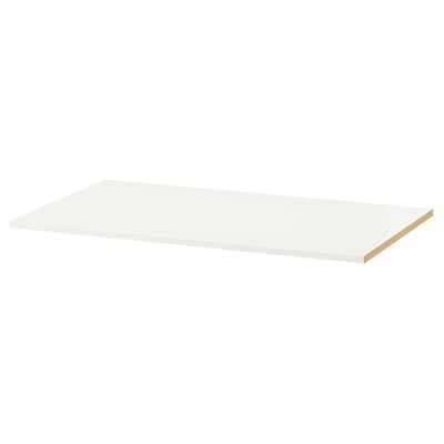 A KOMPLEMENT white shelf. Its rectangular, flat, and made of particleboard with paper foil. Ideal for organising wardrobe storage.