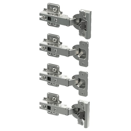 Four KOMPLEMENT metal hinges with nickel-plated steel in a vertical layout, featuring integrated dampers for slow closure.