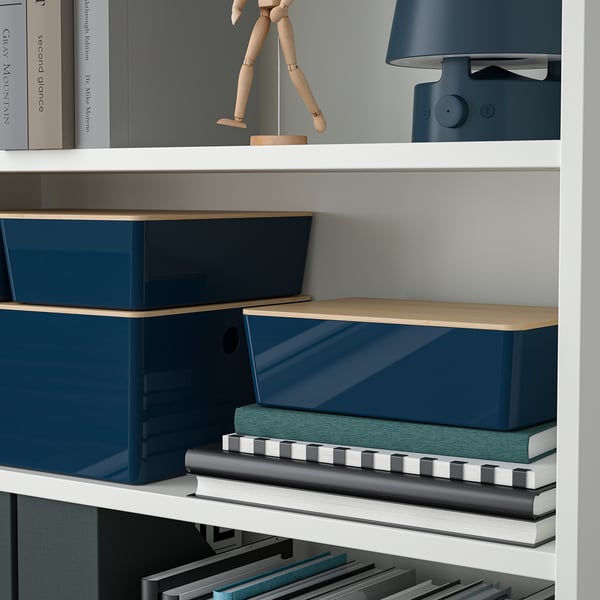 KUGGIS Box with lid, black-blue/bamboo, 18x26x8 cm