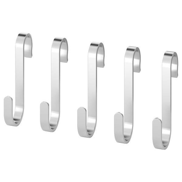 Five silver s-shaped metal hooks, arranged in a row. Simple and modern design, suitable for kitchen storage.