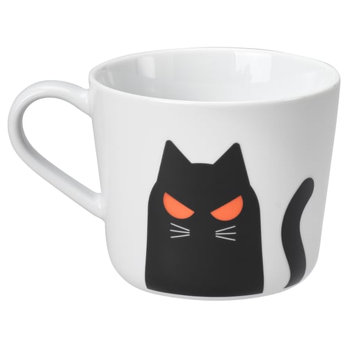 KUSTFYR Mug, cat pattern white/black, 36 cl