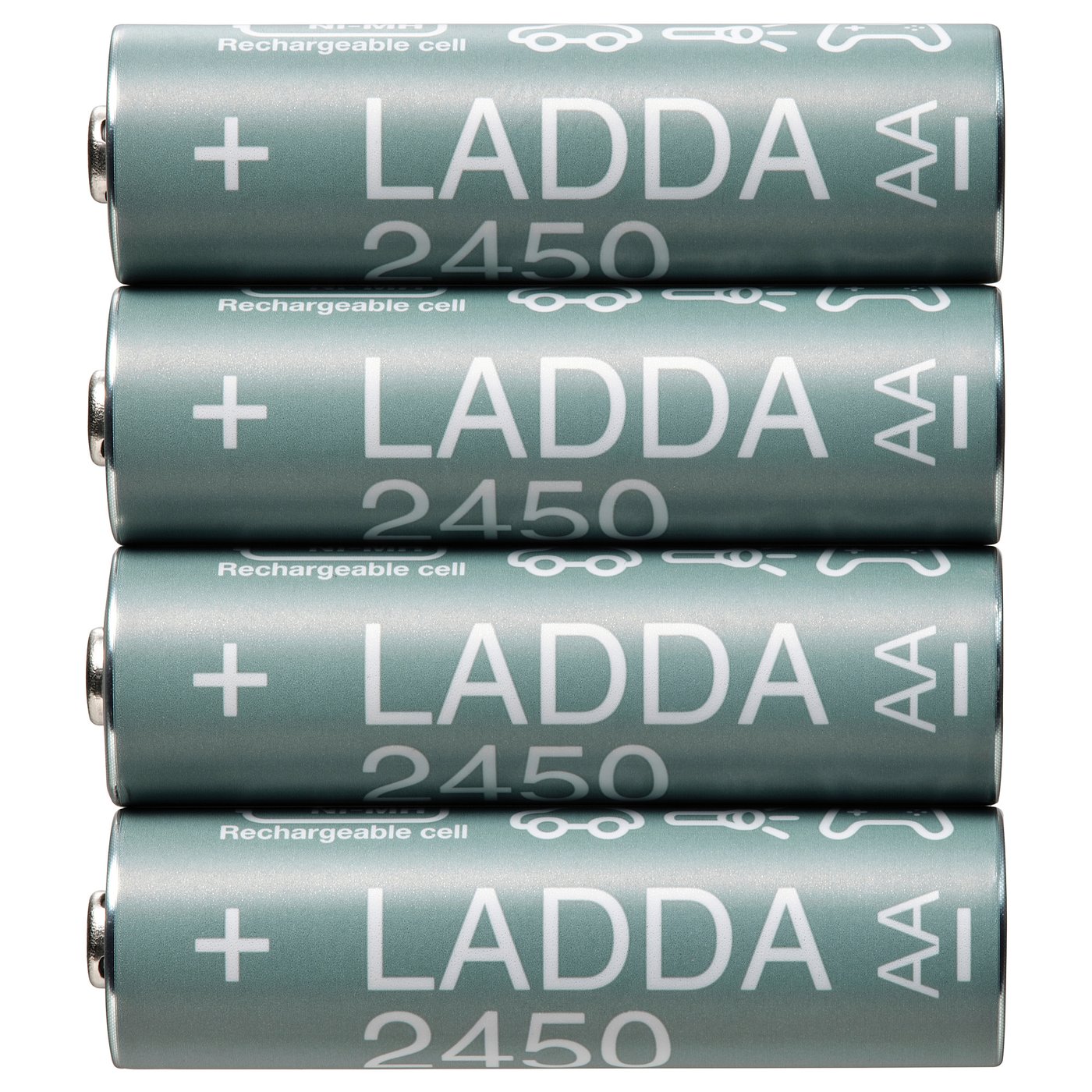 Four teal LADDA 2450 batteries stacked, pet plastic and steel.