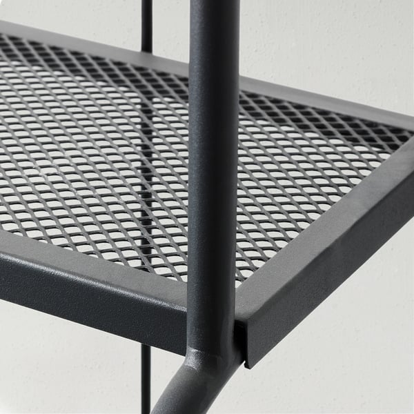 Durable metal shelf with perforated steel surface. Black powder-coated frame enhances stability. Ideal for outdoor use.