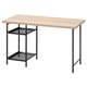 An IKEA LAGKAPTEN desk with a light-colored tabletop and black metal legs and shelves. It a sleek, modern design with two mesh shelves for storage.