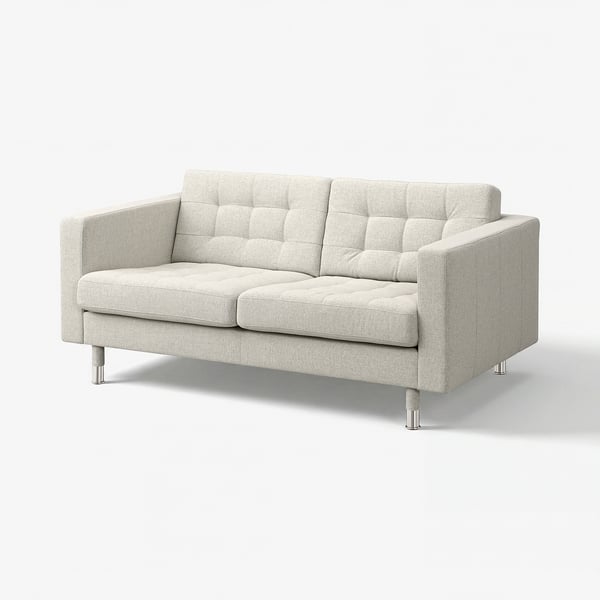 Grey LANDSKRONA sofa, modern design, light-colored fabric, chrome legs, 2-seat.