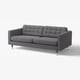 Modern grey fabric sofa with square tufts, wooden legs, neat and stylish design.