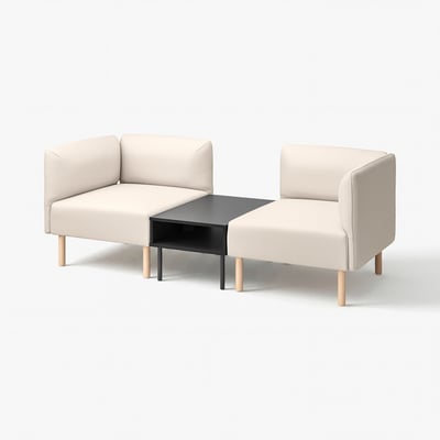 Modern beige sofa set with corner and straight seat, wooden legs, and black coffee table.