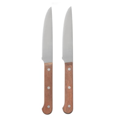 Two LINDRIG steak knives with serrated stainless-steel blades and wood-handles, positioned vertically.