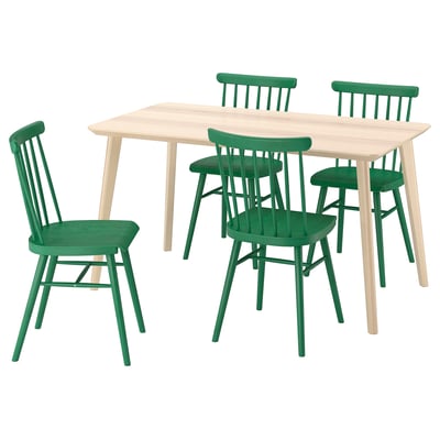 LISABO dining set: light wooden table, four green chairs with high backs, sturdy design.