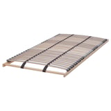 The LÖNSET slatted bed base with wooden slats and black fasteners, designed for comfort and support.