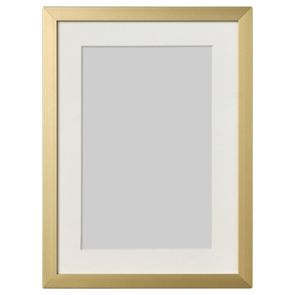Gold LOMVIKEN picture frame with white mat, metal edge, safely holds 11x14 photo.
