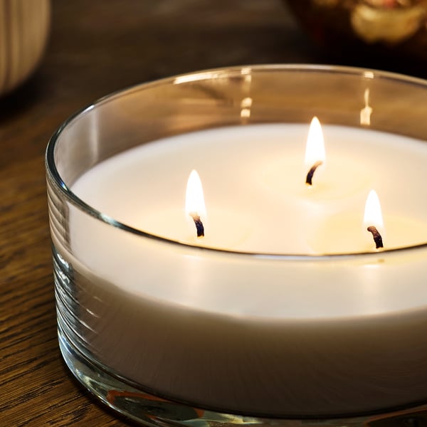 LOTSFÅGEL Scented candle in glass, 3 wicks, Fresh linen white, 25 hr