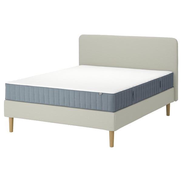 LYNGÖR mattress & bed base set. White frame, grey mattress. Soft headboard, wooden legs.
